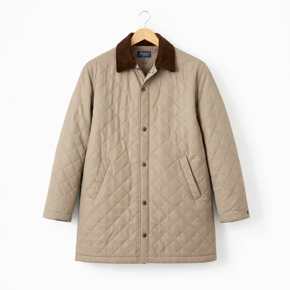 POLO Ralph Lauren Quilted Jacket Corduroy Collar Car Chore Barn Coat Tan Large - Picture 2 of 9